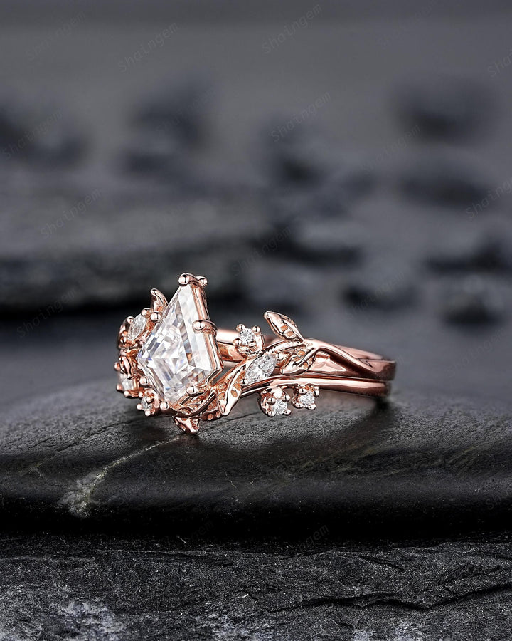 Nature Inspired Kite Cut Moissanite Leaf Engagement Ring, Unique 14K Rose Gold Twig Branch Vine Diamond Wedding Set Promise Ring for Women - ShainJewelry
