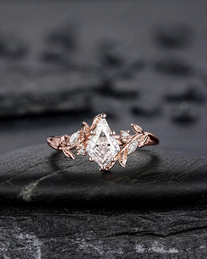 Nature Inspired Kite Cut Moissanite Leaf Engagement Ring, Unique 14K Rose Gold Twig Branch Vine Diamond Wedding Set Promise Ring for Women - ShainJewelry