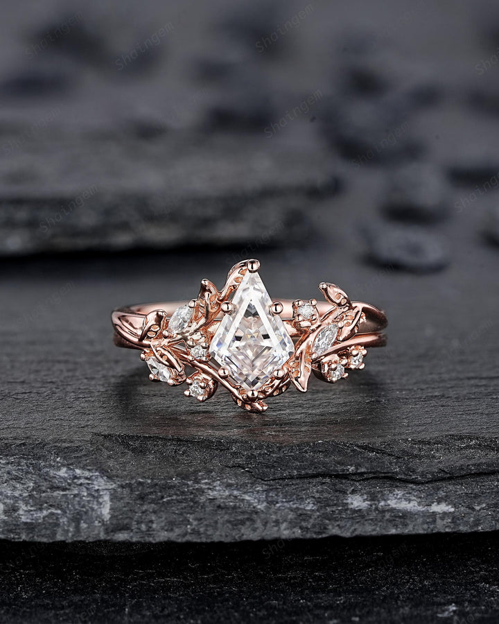 Nature Inspired Kite Cut Moissanite Leaf Engagement Ring, Unique 14K Rose Gold Twig Branch Vine Diamond Wedding Set Promise Ring for Women - ShainJewelry