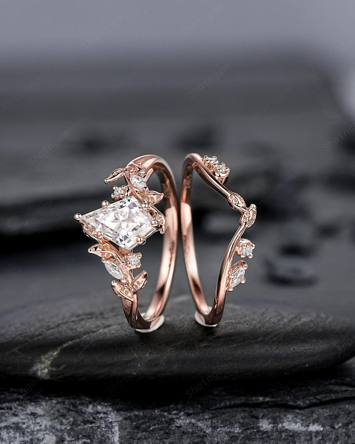 Nature Inspired Kite Cut Moissanite Leaf Engagement Ring, Unique 14K Rose Gold Twig Branch Vine Diamond Wedding Set Promise Ring for Women - ShainJewelry