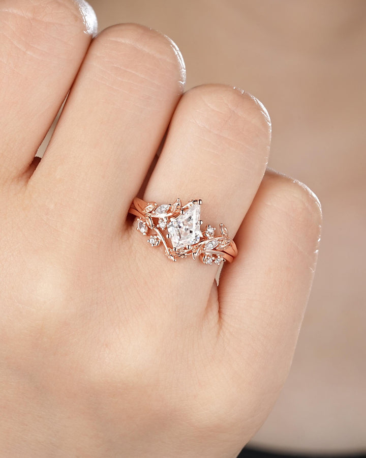 Nature Inspired Kite Cut Moissanite Leaf Engagement Ring, Unique 14K Rose Gold Twig Branch Vine Diamond Wedding Set Promise Ring for Women - ShainJewelry
