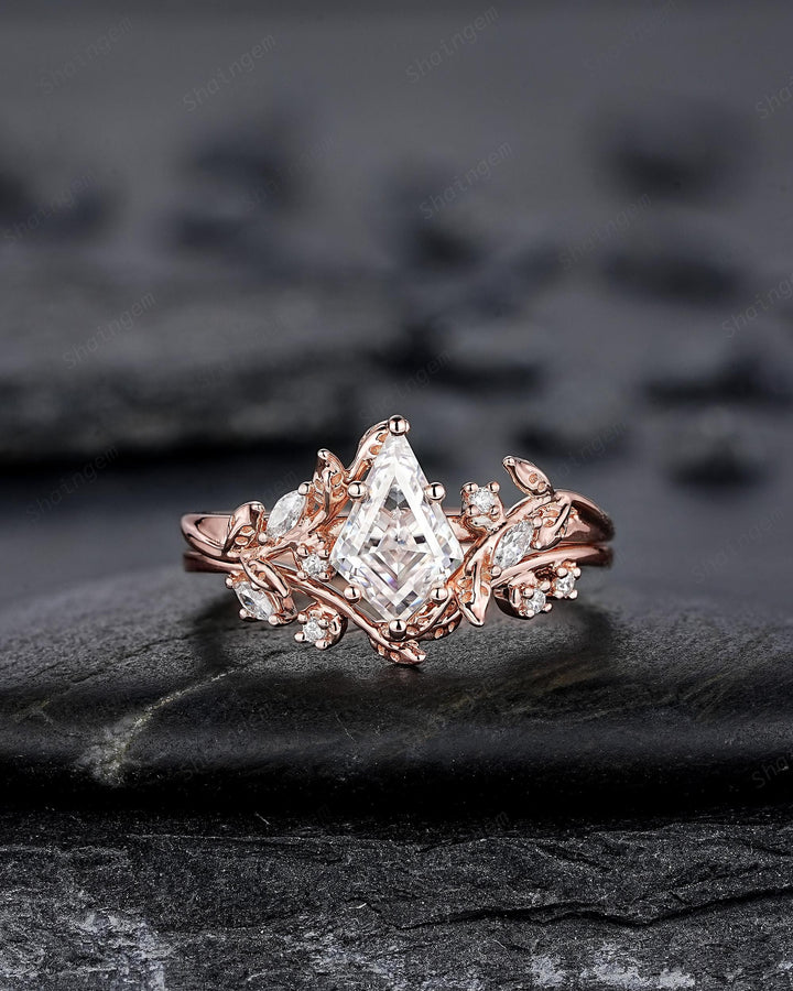 Nature Inspired Kite Cut Moissanite Leaf Engagement Ring, Unique 14K Rose Gold Twig Branch Vine Diamond Wedding Set Promise Ring for Women - ShainJewelry