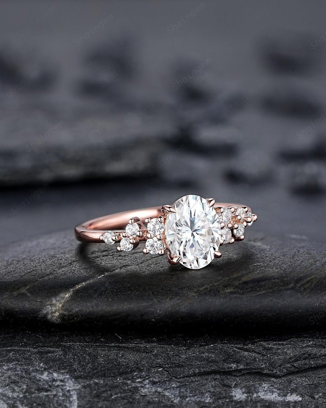 Vintage Oval Shape Colorless Moissanite Cluster Diamond Engagement Ring, Unique 14K Rose Gold Snowdrift Wedding Promise Ring Gift for Women - ShainJewelry