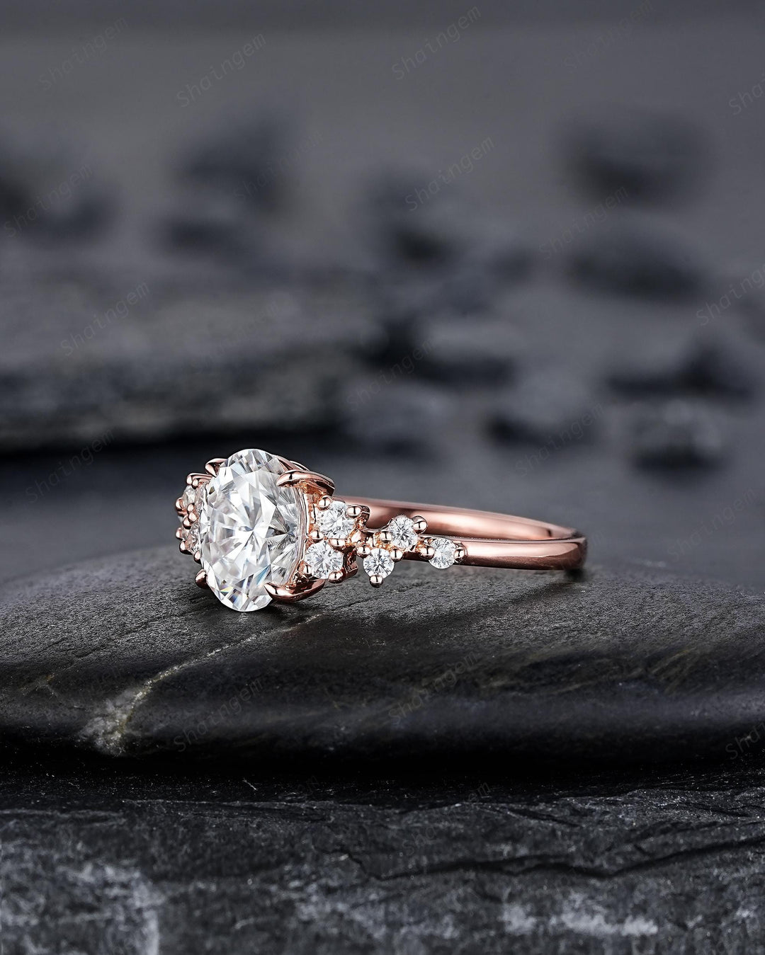 Vintage Oval Shape Colorless Moissanite Cluster Diamond Engagement Ring, Unique 14K Rose Gold Snowdrift Wedding Promise Ring Gift for Women - ShainJewelry