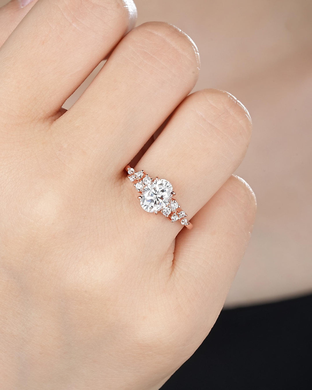 Vintage Oval Shape Colorless Moissanite Cluster Diamond Engagement Ring, Unique 14K Rose Gold Snowdrift Wedding Promise Ring Gift for Women - ShainJewelry