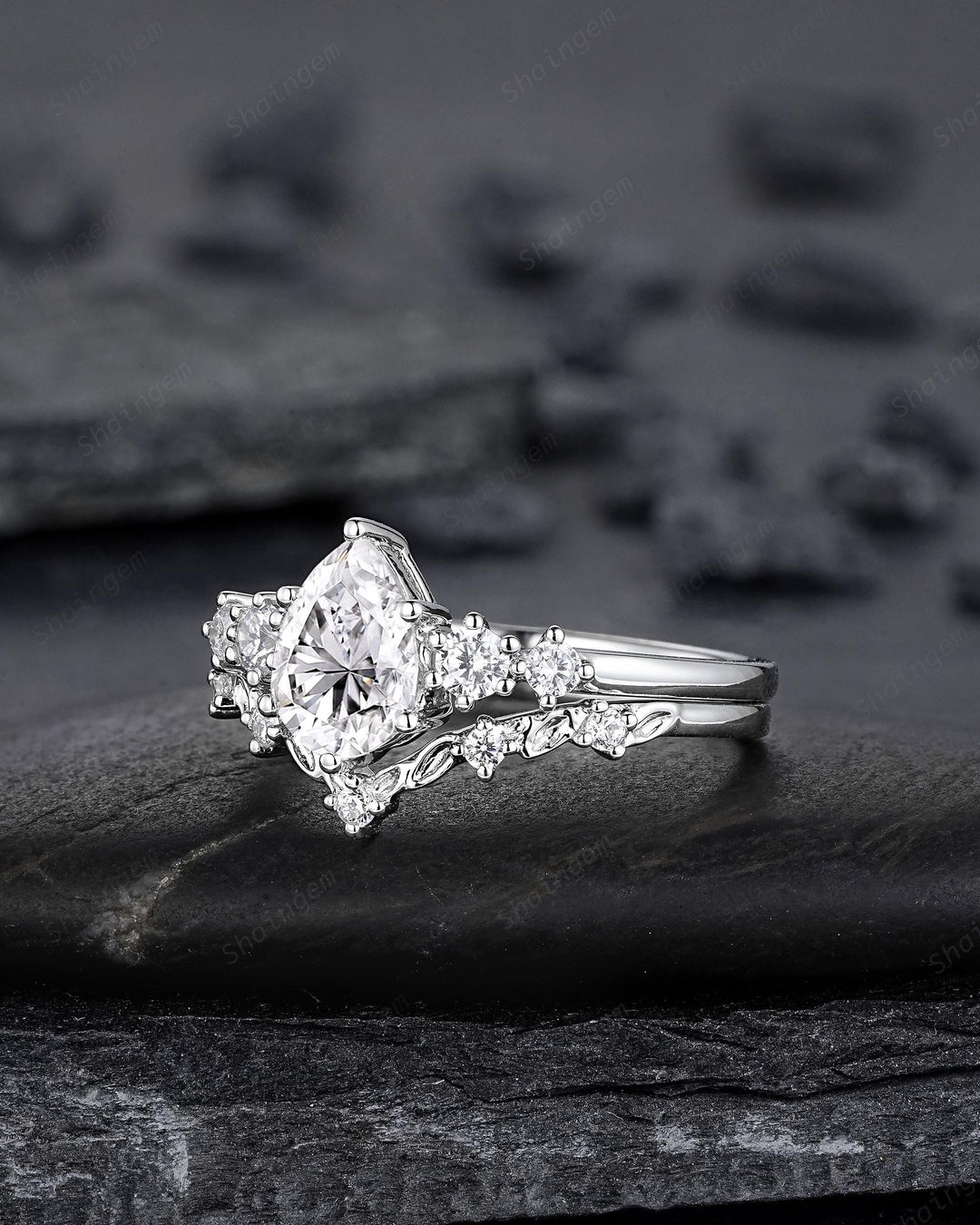 Platinum Pear Shape Moissanite Engagement Ring Unique White Gold Five Stones Wedding Set Nature Inspired Leaf Promise Ring for Women her - ShainJewelry