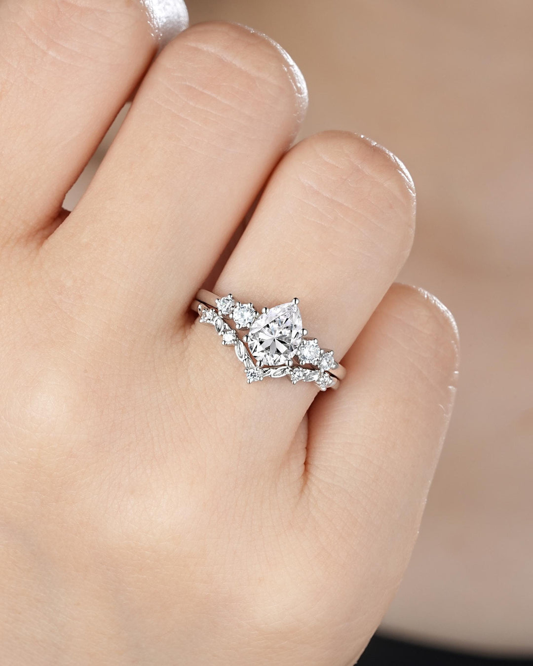 Platinum Pear Shape Moissanite Engagement Ring Unique White Gold Five Stones Wedding Set Nature Inspired Leaf Promise Ring for Women her - ShainJewelry