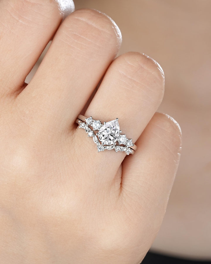 Platinum Pear Shape Moissanite Engagement Ring Unique White Gold Five Stones Wedding Set Nature Inspired Leaf Promise Ring for Women her - ShainJewelry
