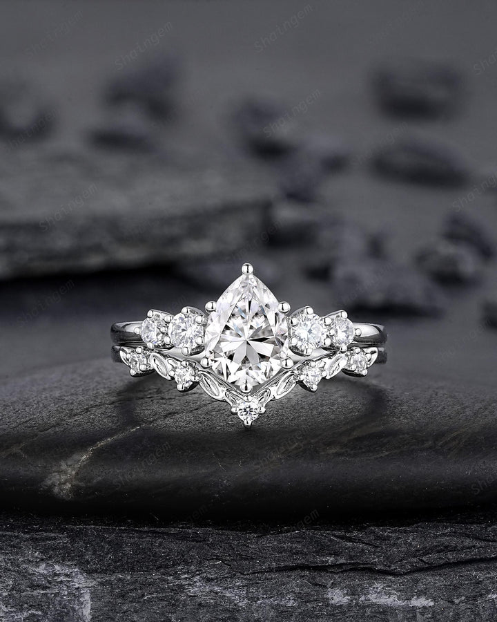Platinum Pear Shape Moissanite Engagement Ring Unique White Gold Five Stones Wedding Set Nature Inspired Leaf Promise Ring for Women her - ShainJewelry