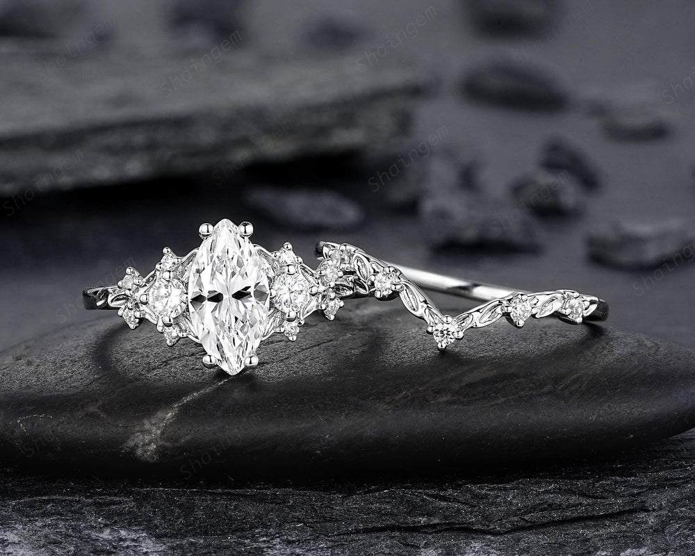 Platinum Marquise Cut Moissanite Engagement Ring Unique White Gold Floral Wedding Set Nature Inspired Leaf Flower Promise Ring for Women her - ShainJewelry