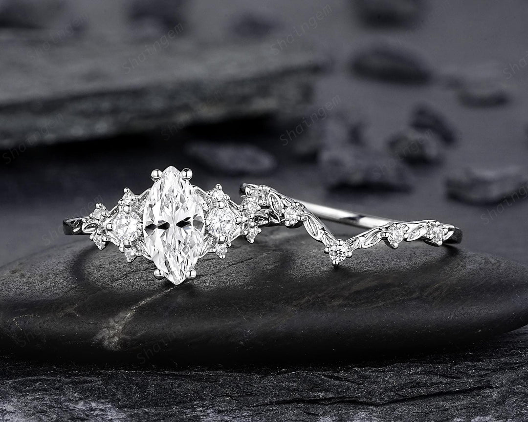 Platinum Marquise Cut Moissanite Engagement Ring Unique White Gold Floral Wedding Set Nature Inspired Leaf Flower Promise Ring for Women her - ShainJewelry