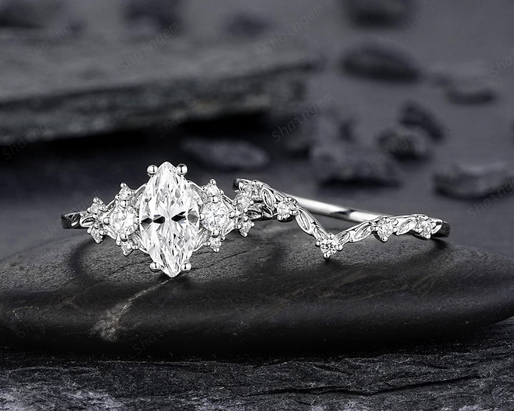 Platinum Marquise Cut Moissanite Engagement Ring Unique White Gold Floral Wedding Set Nature Inspired Leaf Flower Promise Ring for Women her - ShainJewelry