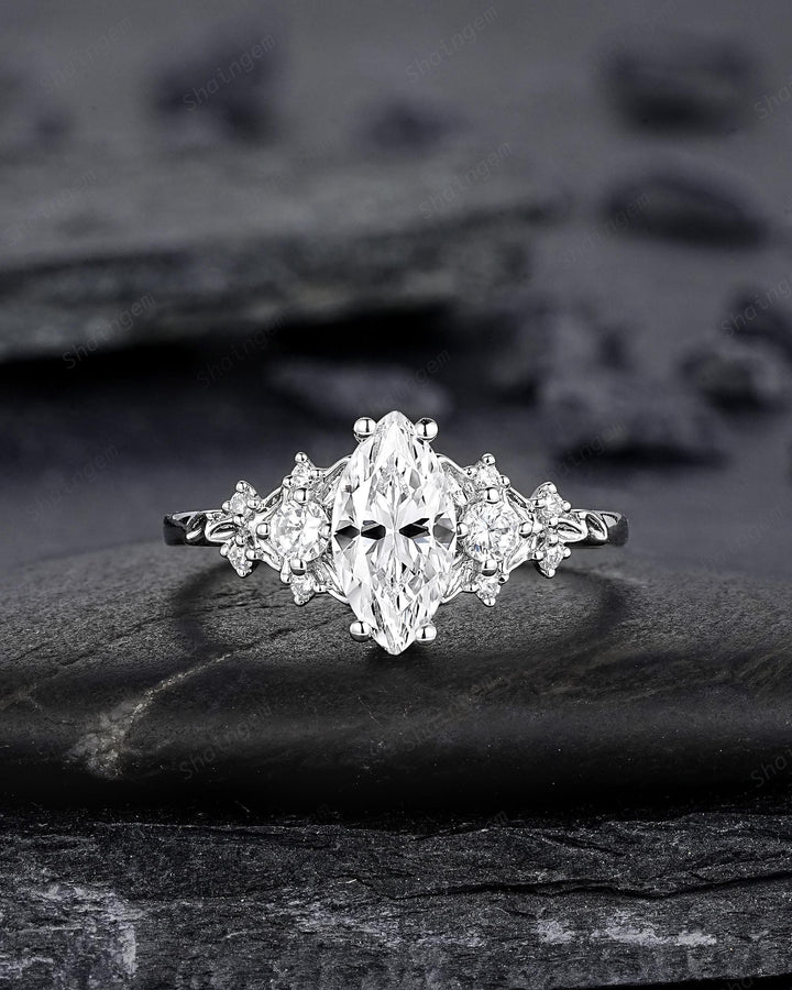 Platinum Marquise Cut Moissanite Engagement Ring Unique White Gold Floral Wedding Set Nature Inspired Leaf Flower Promise Ring for Women her - ShainJewelry