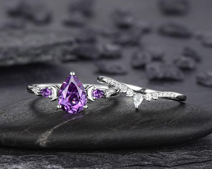 Vintage Pear Shape Purple Amethyst Crescent Engagement Ring Unique White Gold Moon Wedding Ring Silver 925 Bridal Set Promise Ring for Women - ShainJewelry