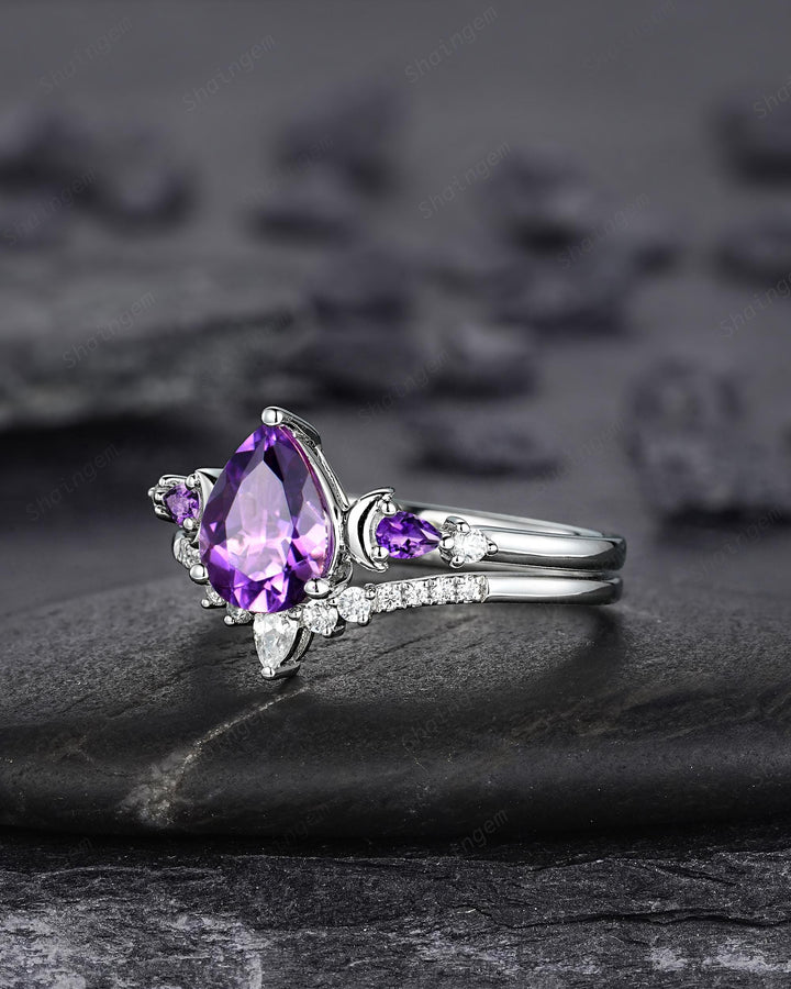 Vintage Pear Shape Purple Amethyst Crescent Engagement Ring Unique White Gold Moon Wedding Ring Silver 925 Bridal Set Promise Ring for Women - ShainJewelry