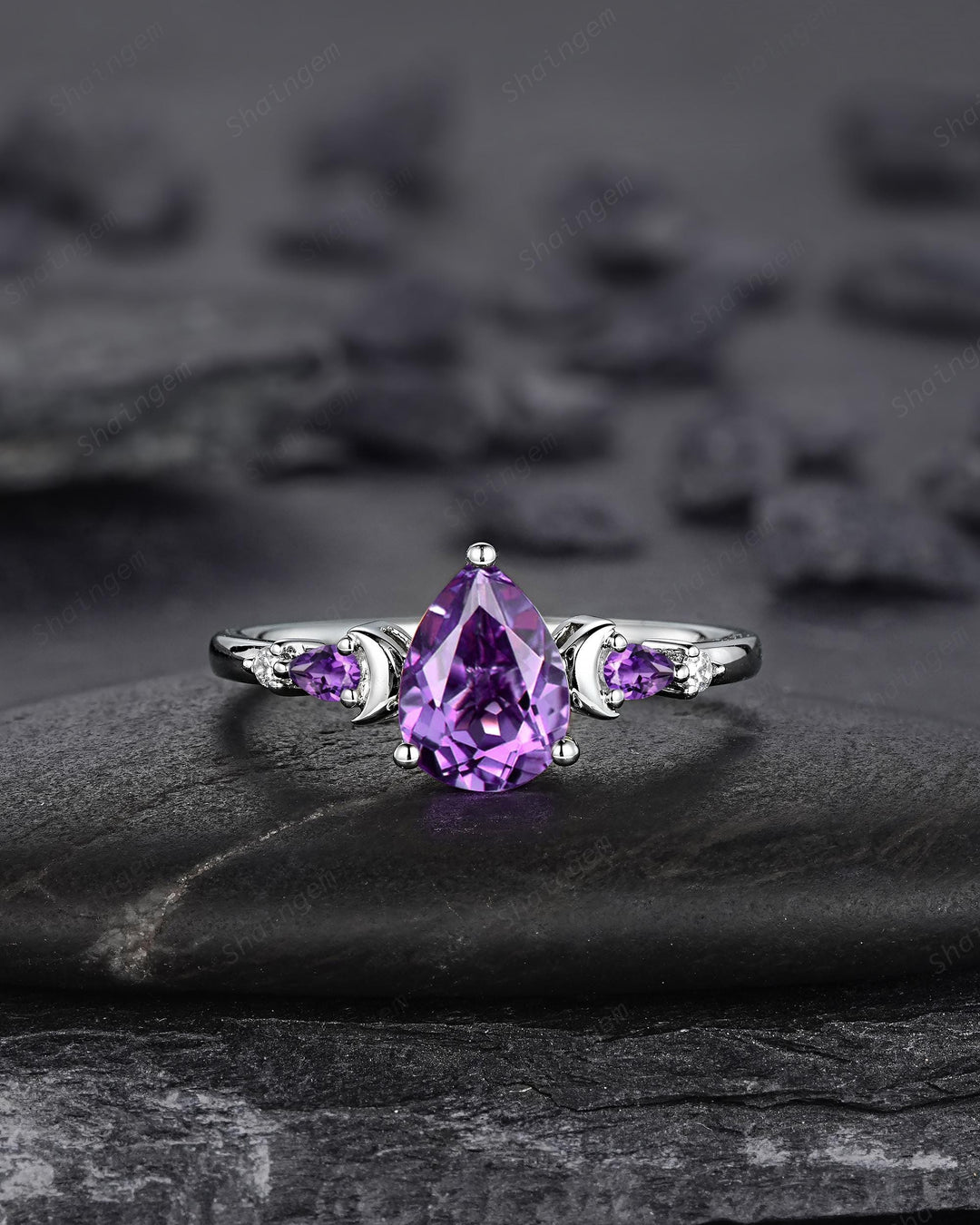 Vintage Pear Shape Purple Amethyst Crescent Engagement Ring Unique White Gold Moon Wedding Ring Silver 925 Bridal Set Promise Ring for Women - ShainJewelry