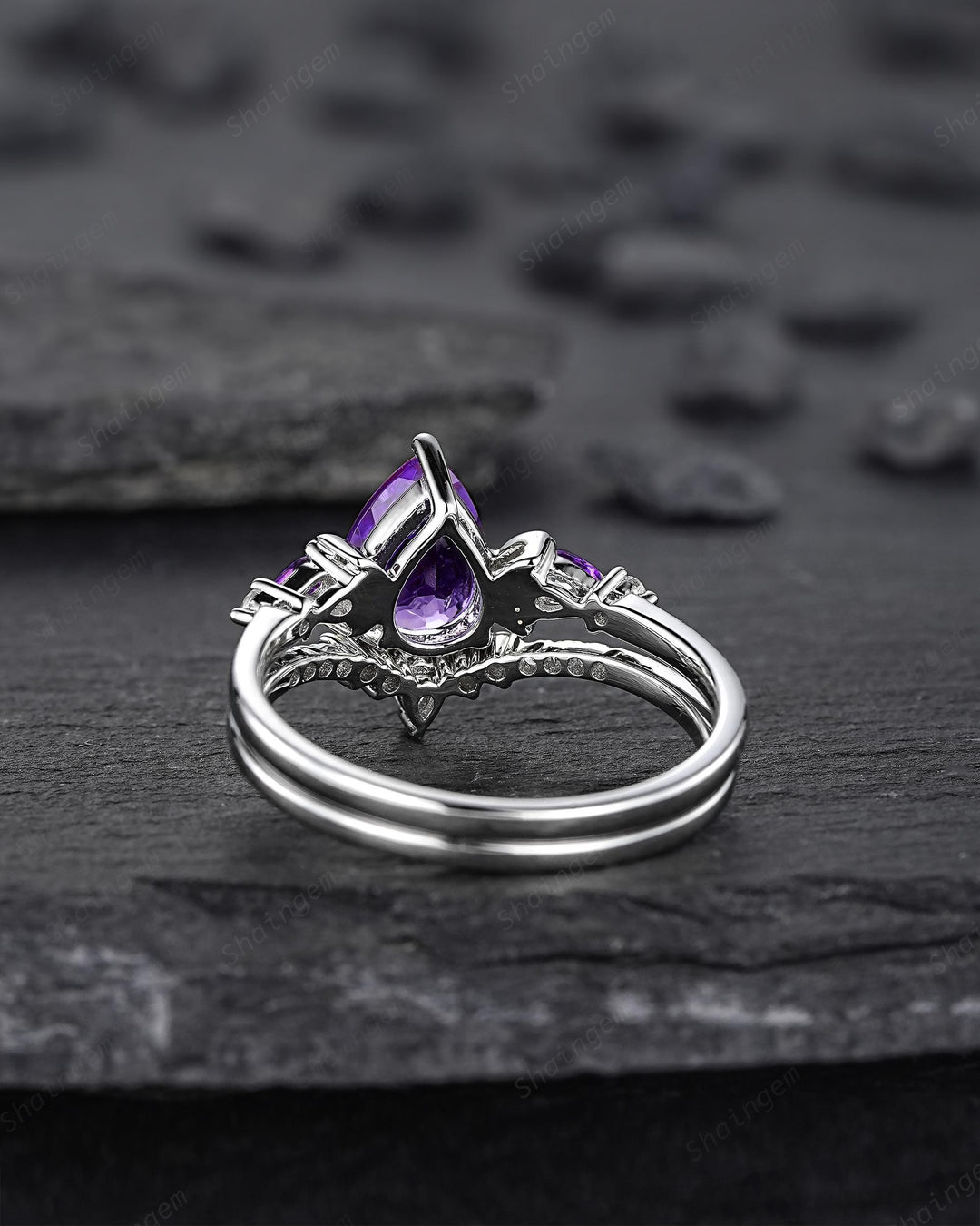 Vintage Pear Shape Purple Amethyst Crescent Engagement Ring Unique White Gold Moon Wedding Ring Silver 925 Bridal Set Promise Ring for Women - ShainJewelry
