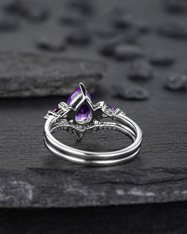 Vintage Pear Shape Purple Amethyst Crescent Engagement Ring Unique White Gold Moon Wedding Ring Silver 925 Bridal Set Promise Ring for Women - ShainJewelry