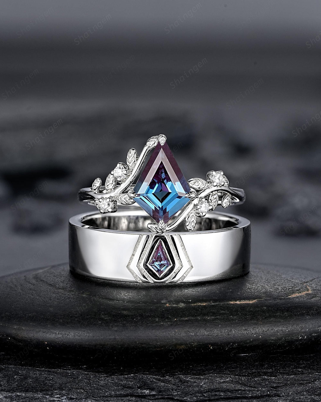 His and Hers Kite Cut Alexandrite Couple Ring set, White Gold Matching Band Platinum Engagement Ring Sterling Silver Men's Band Promise Ring - ShainJewelry