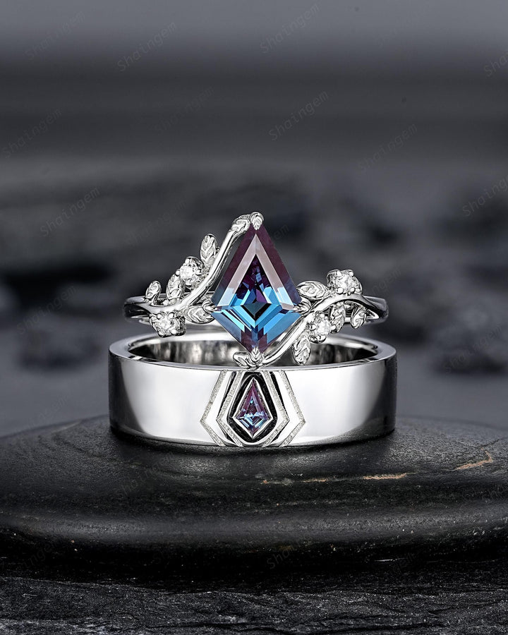 His and Hers Kite Cut Alexandrite Couple Ring set, White Gold Matching Band Platinum Engagement Ring Sterling Silver Men's Band Promise Ring - ShainJewelry