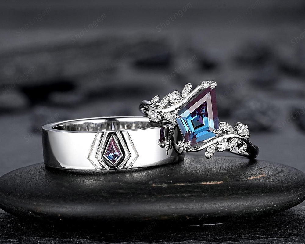 His and Hers Kite Cut Alexandrite Couple Ring set, White Gold Matching Band Platinum Engagement Ring Sterling Silver Men's Band Promise Ring - ShainJewelry