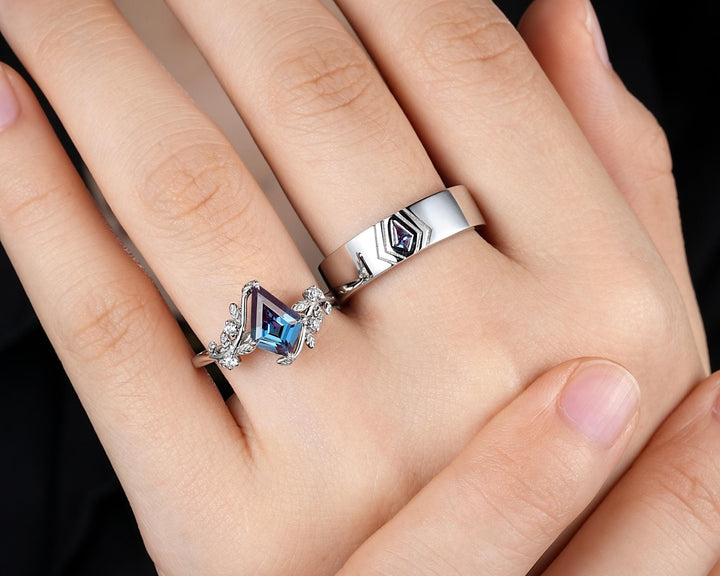 His and Hers Kite Cut Alexandrite Couple Ring set, White Gold Matching Band Platinum Engagement Ring Sterling Silver Men's Band Promise Ring - ShainJewelry