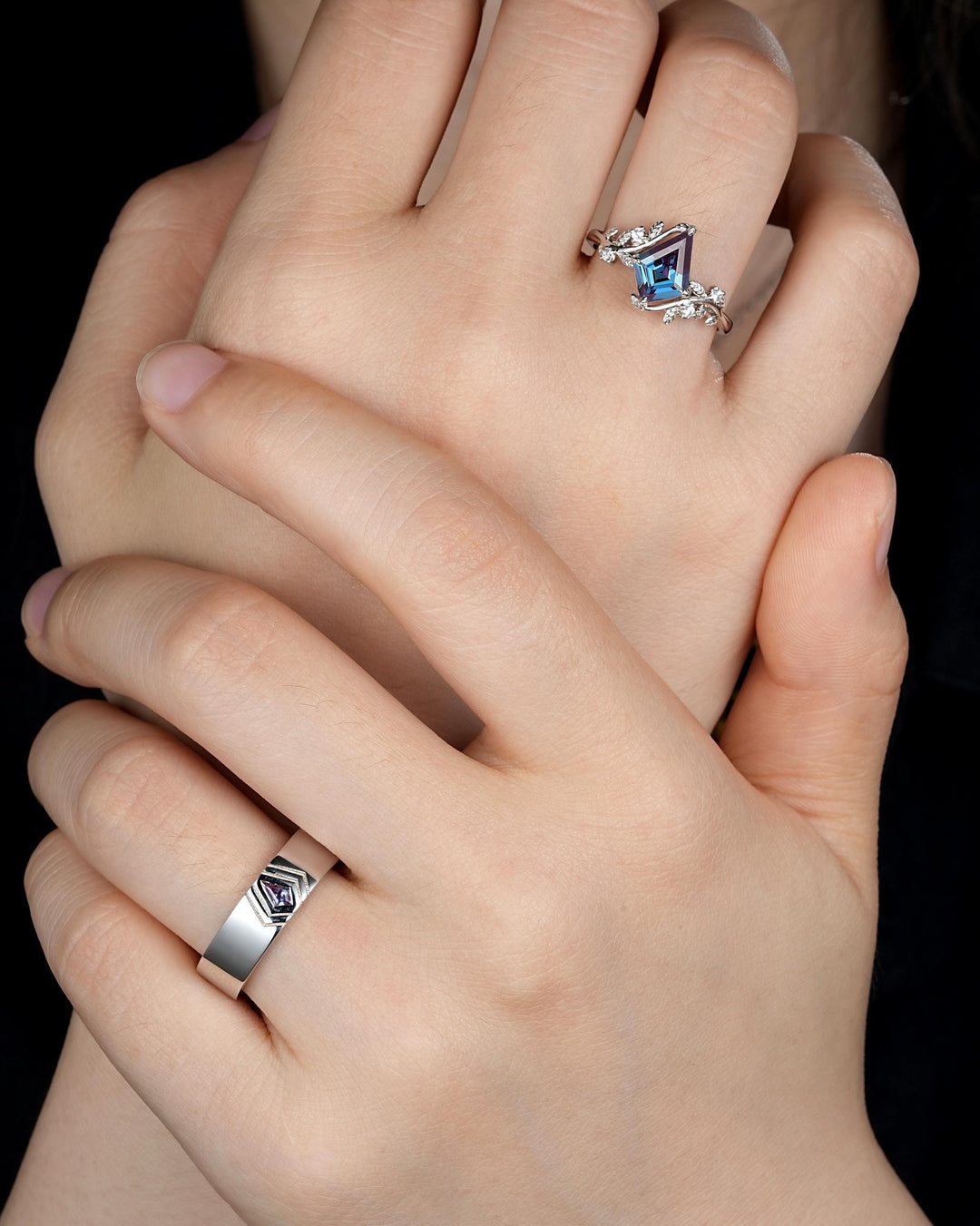 His and Hers Kite Cut Alexandrite Couple Ring set, White Gold Matching Band Platinum Engagement Ring Sterling Silver Men's Band Promise Ring - ShainJewelry