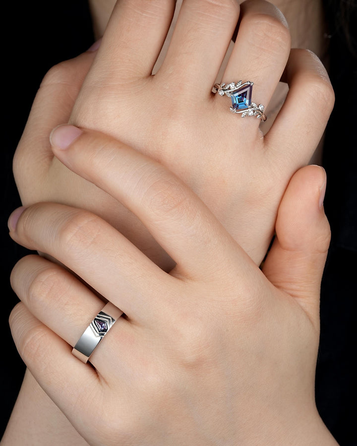 His and Hers Kite Cut Alexandrite Couple Ring set, White Gold Matching Band Platinum Engagement Ring Sterling Silver Men's Band Promise Ring - ShainJewelry