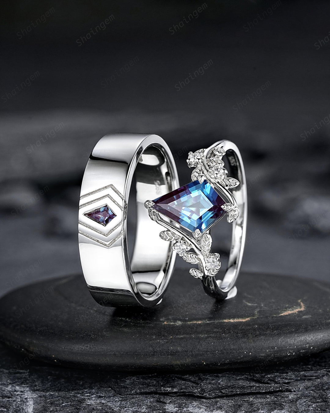 His and Hers Kite Cut Alexandrite Couple Ring set, White Gold Matching Band Platinum Engagement Ring Sterling Silver Men's Band Promise Ring - ShainJewelry