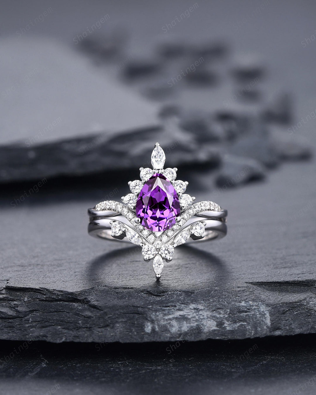 Vintage Pear Shape Purple Sapphire Halo Promise Ring, V Shape White Gold Engagement Ring, Curved Silver Bridal Set Wedding Anniversary Ring - ShainJewelry