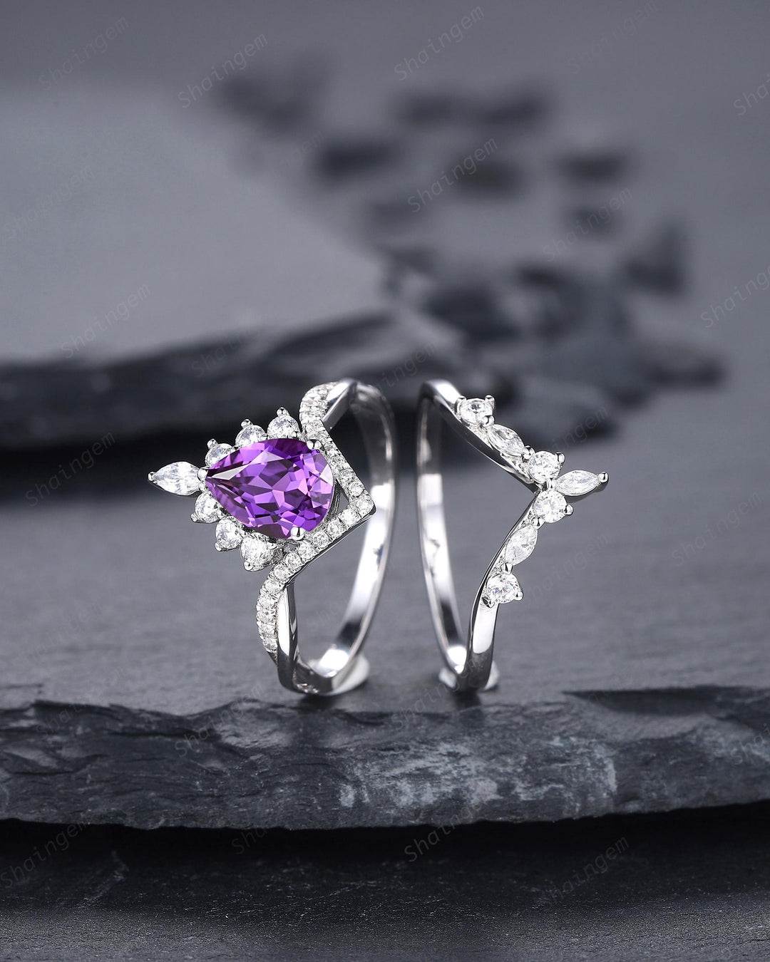 Vintage Pear Shape Purple Sapphire Halo Promise Ring, V Shape White Gold Engagement Ring, Curved Silver Bridal Set Wedding Anniversary Ring - ShainJewelry