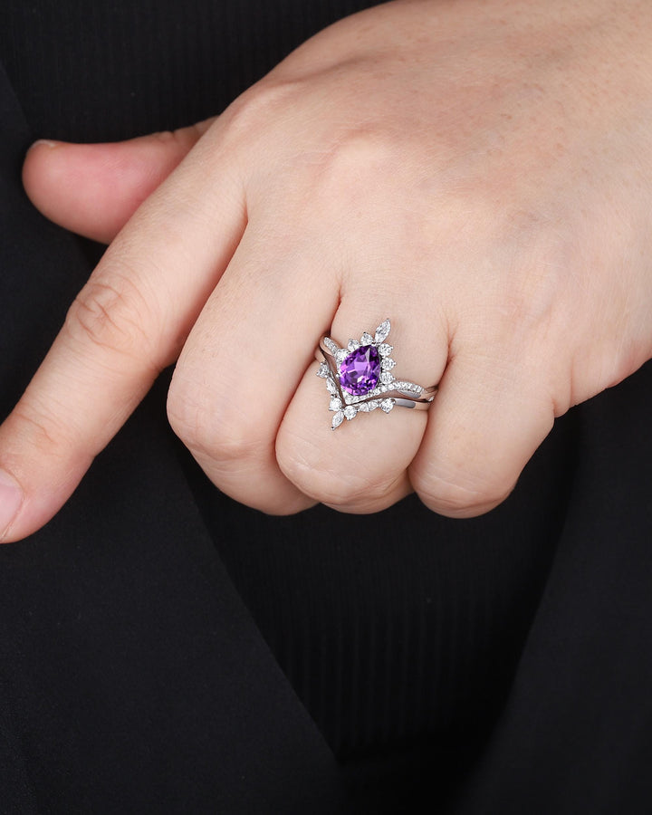 Vintage Pear Shape Purple Sapphire Halo Promise Ring, V Shape White Gold Engagement Ring, Curved Silver Bridal Set Wedding Anniversary Ring - ShainJewelry