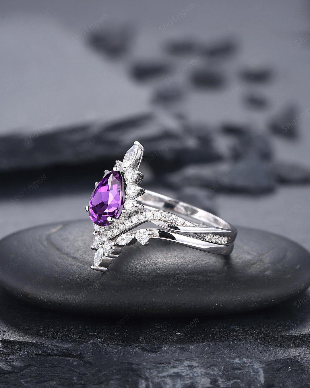 Vintage Pear Shape Purple Sapphire Halo Promise Ring, V Shape White Gold Engagement Ring, Curved Silver Bridal Set Wedding Anniversary Ring - ShainJewelry