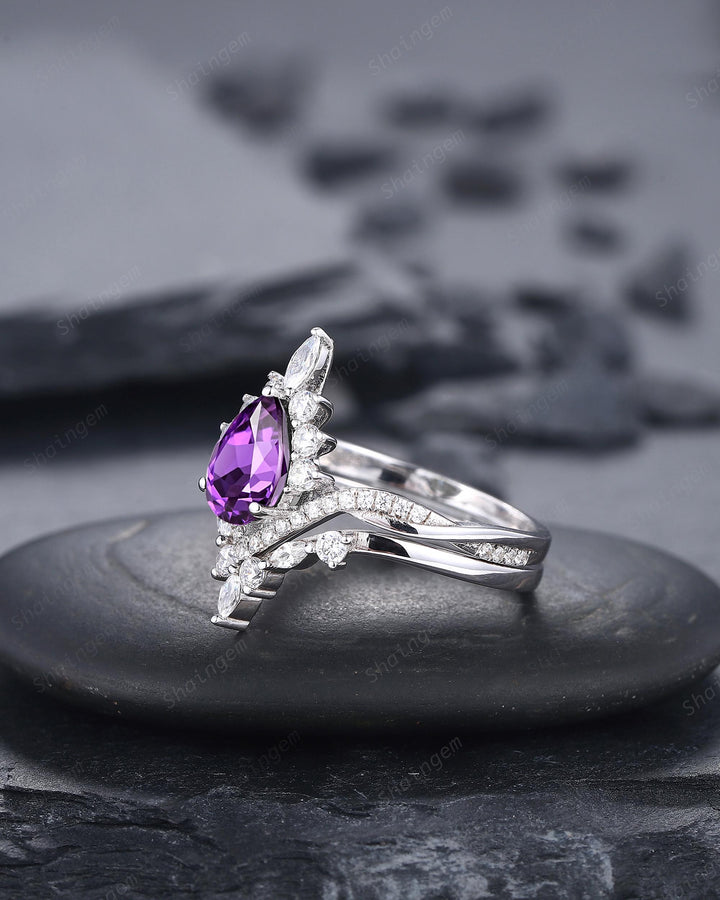 Vintage Pear Shape Purple Sapphire Halo Promise Ring, V Shape White Gold Engagement Ring, Curved Silver Bridal Set Wedding Anniversary Ring - ShainJewelry