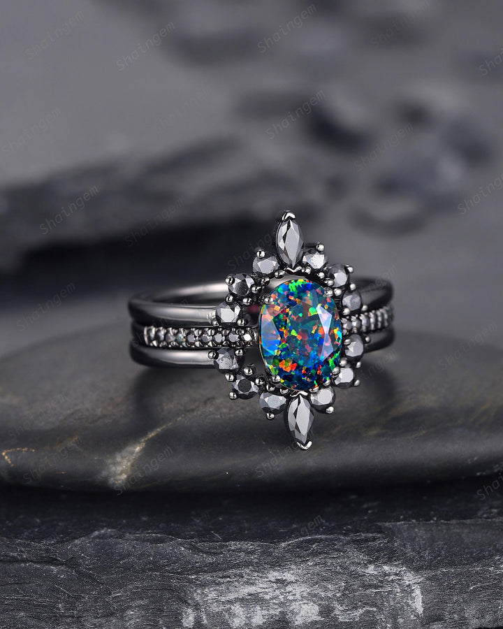 3PCS Gothic Oval Shape Black Fire Opal Halo Engagement Ring Set, Black Gold Promise Ring Vintage Rhodium Black Wedding Ring Gift for Woman - ShainJewelry