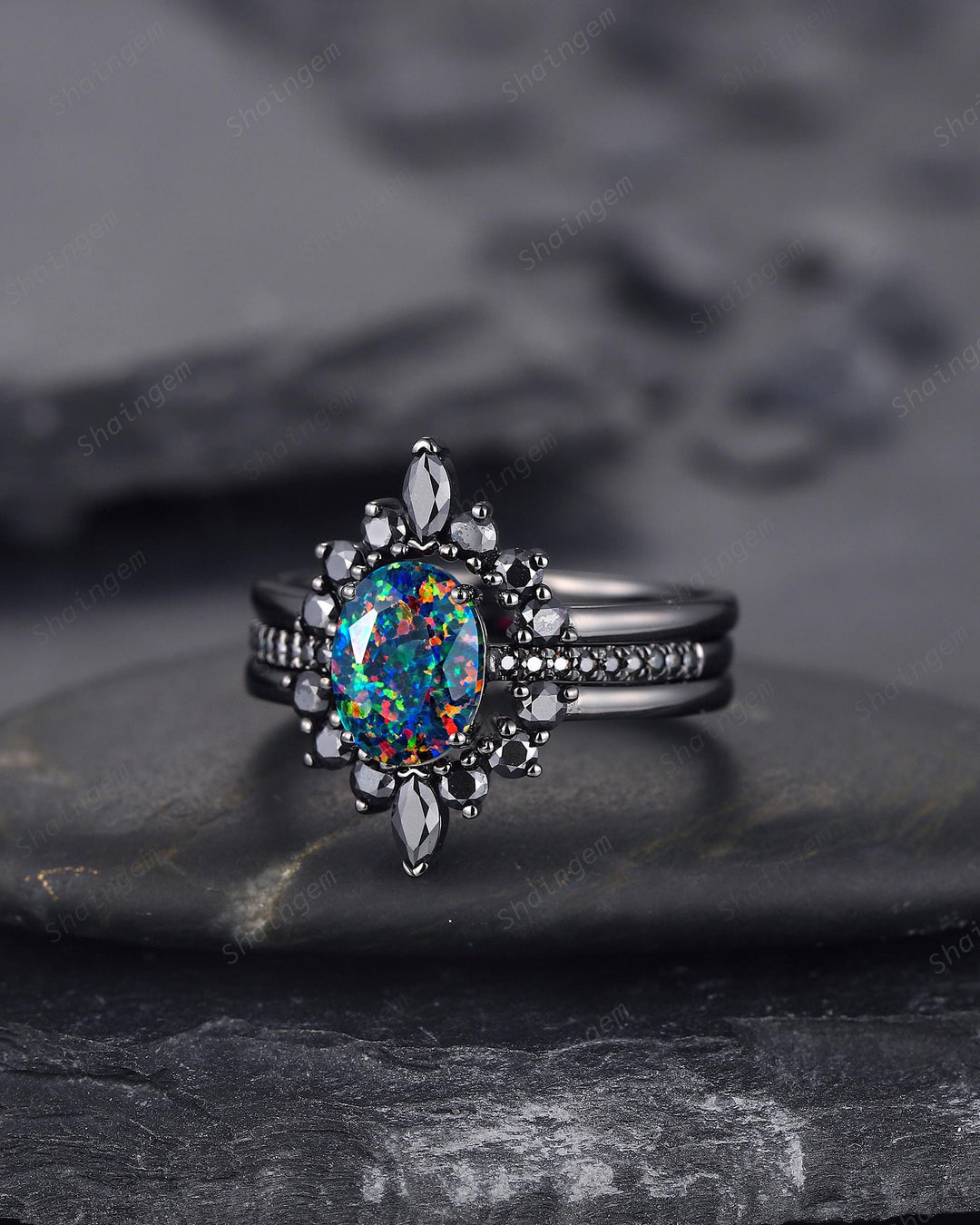3PCS Gothic Oval Shape Black Fire Opal Halo Engagement Ring Set, Black Gold Promise Ring Vintage Rhodium Black Wedding Ring Gift for Woman - ShainJewelry
