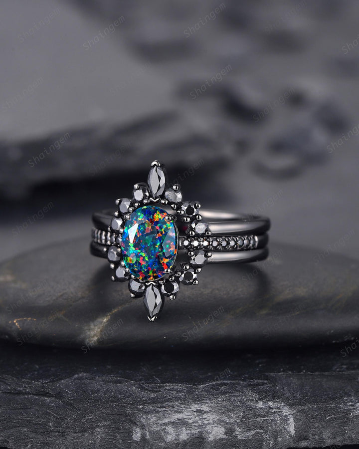 3PCS Gothic Oval Shape Black Fire Opal Halo Engagement Ring Set, Black Gold Promise Ring Vintage Rhodium Black Wedding Ring Gift for Woman - ShainJewelry