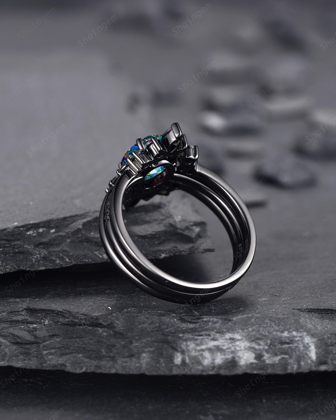 3PCS Gothic Oval Shape Black Fire Opal Halo Engagement Ring Set, Black Gold Promise Ring Vintage Rhodium Black Wedding Ring Gift for Woman - ShainJewelry