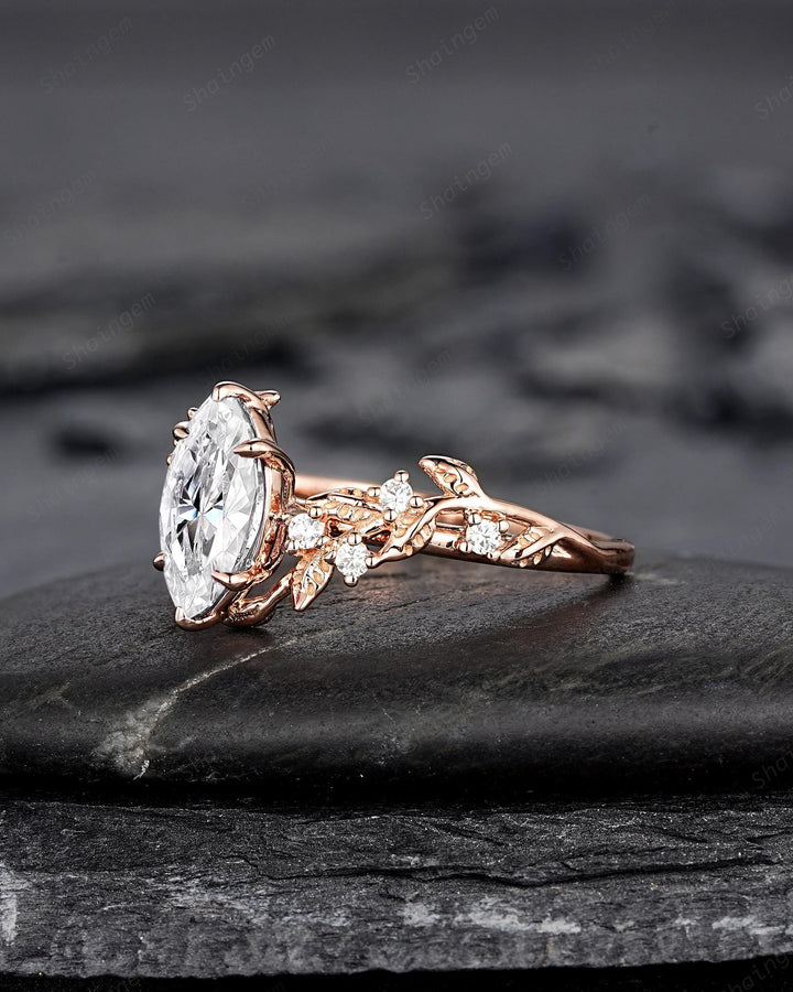 Unique Marquise Moissanite Leaf Engagement Ring Nature Inspired Diamond Wedding Ring Vintage Rose Gold Twig Vine Promise Ring Gift for Women - ShainJewelry