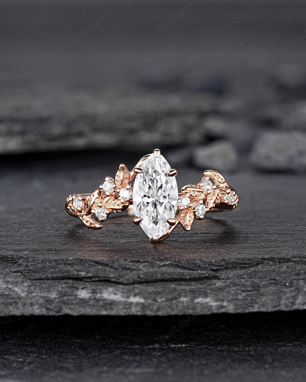 Unique Marquise Moissanite Leaf Engagement Ring Nature Inspired Diamond Wedding Ring Vintage Rose Gold Twig Vine Promise Ring Gift for Women - ShainJewelry