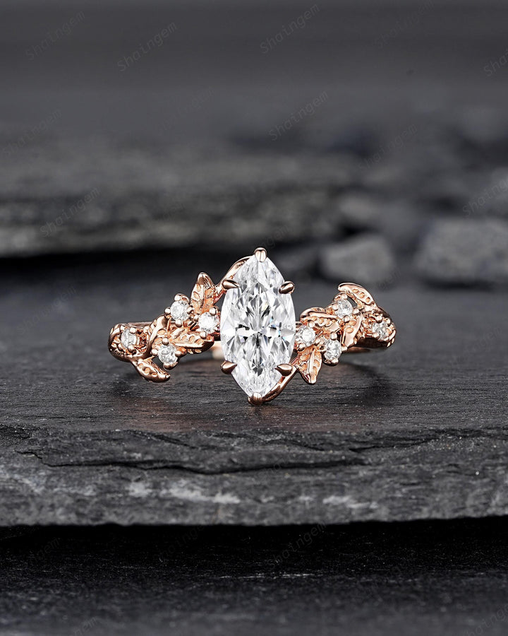 Unique Marquise Moissanite Leaf Engagement Ring Nature Inspired Diamond Wedding Ring Vintage Rose Gold Twig Vine Promise Ring Gift for Women - ShainJewelry