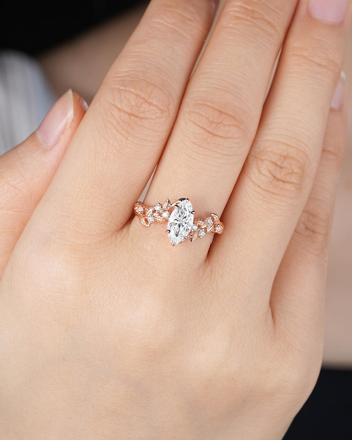 Unique Marquise Moissanite Leaf Engagement Ring Nature Inspired Diamond Wedding Ring Vintage Rose Gold Twig Vine Promise Ring Gift for Women - ShainJewelry