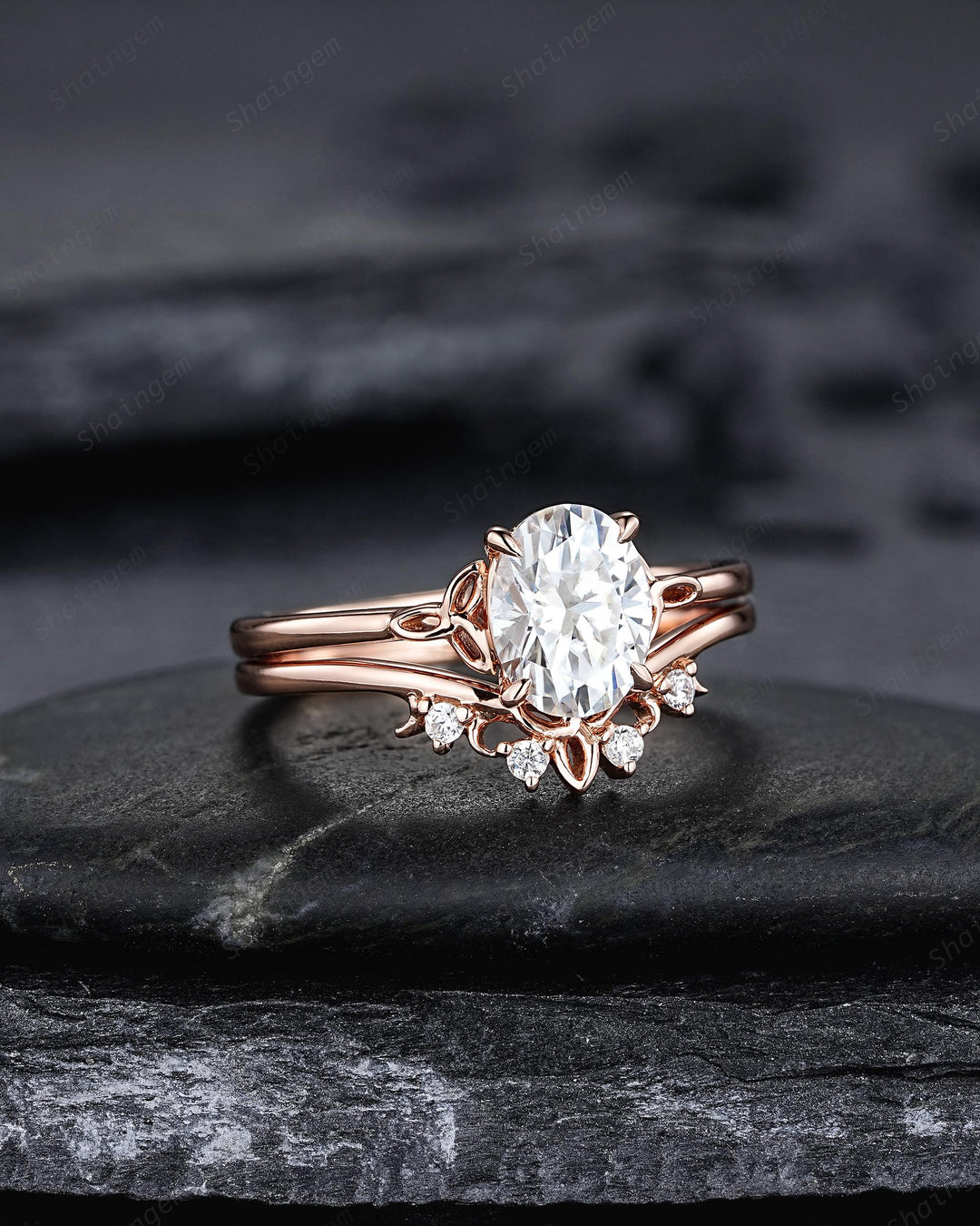 Unique Celtic Knot Oval Shape Colorless Moissanite Solitaire Engagement Ring Set, Vintage Rose Gold Wedding Promise Ring Gift for Woman - ShainJewelry