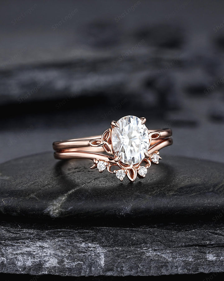 Unique Celtic Knot Oval Shape Colorless Moissanite Solitaire Engagement Ring Set, Vintage Rose Gold Wedding Promise Ring Gift for Woman - ShainJewelry