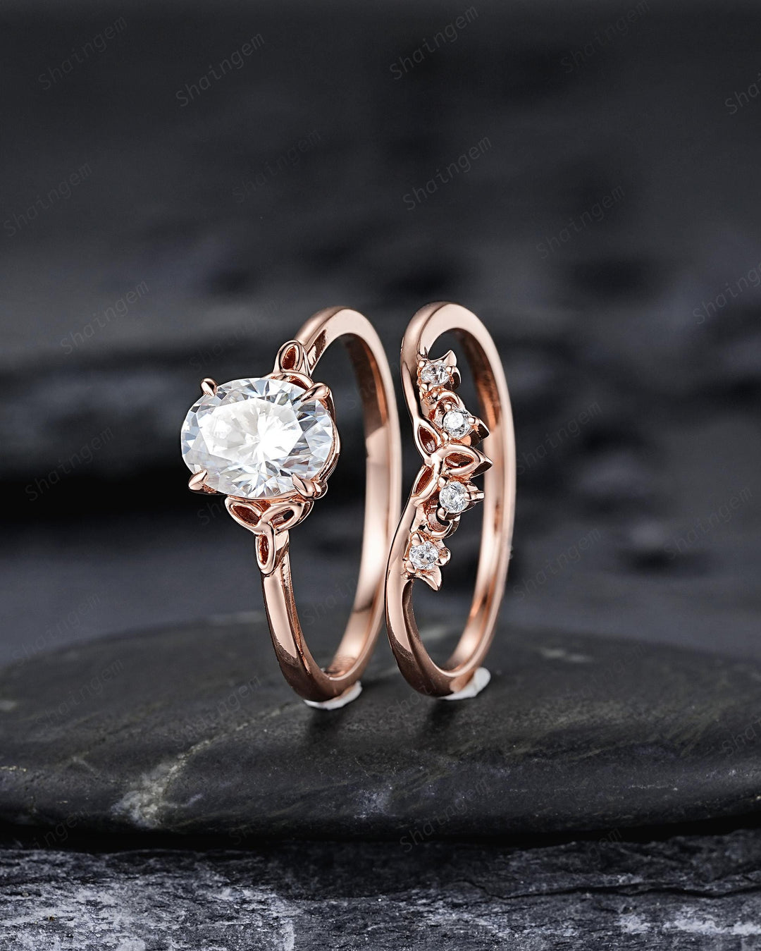 Unique Celtic Knot Oval Shape Colorless Moissanite Solitaire Engagement Ring Set, Vintage Rose Gold Wedding Promise Ring Gift for Woman - ShainJewelry