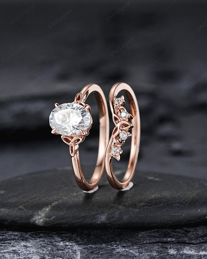 Unique Celtic Knot Oval Shape Colorless Moissanite Solitaire Engagement Ring Set, Vintage Rose Gold Wedding Promise Ring Gift for Woman - ShainJewelry