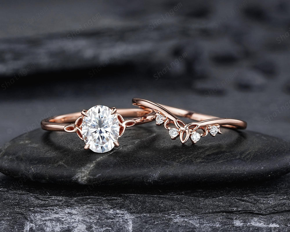Unique Celtic Knot Oval Shape Colorless Moissanite Solitaire Engagement Ring Set, Vintage Rose Gold Wedding Promise Ring Gift for Woman - ShainJewelry