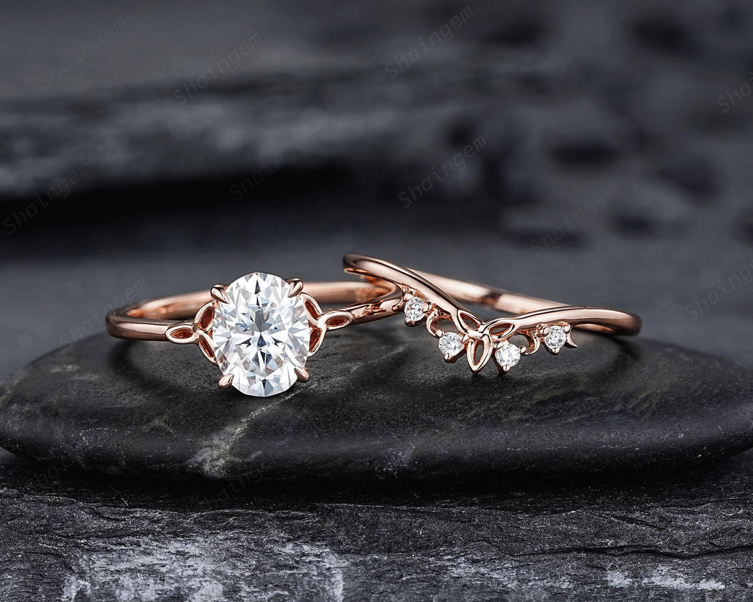 Unique Celtic Knot Oval Shape Colorless Moissanite Solitaire Engagement Ring Set, Vintage Rose Gold Wedding Promise Ring Gift for Woman - ShainJewelry