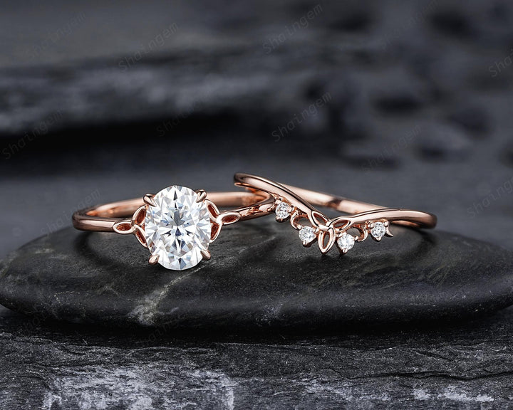 Unique Celtic Knot Oval Shape Colorless Moissanite Solitaire Engagement Ring Set, Vintage Rose Gold Wedding Promise Ring Gift for Woman - ShainJewelry