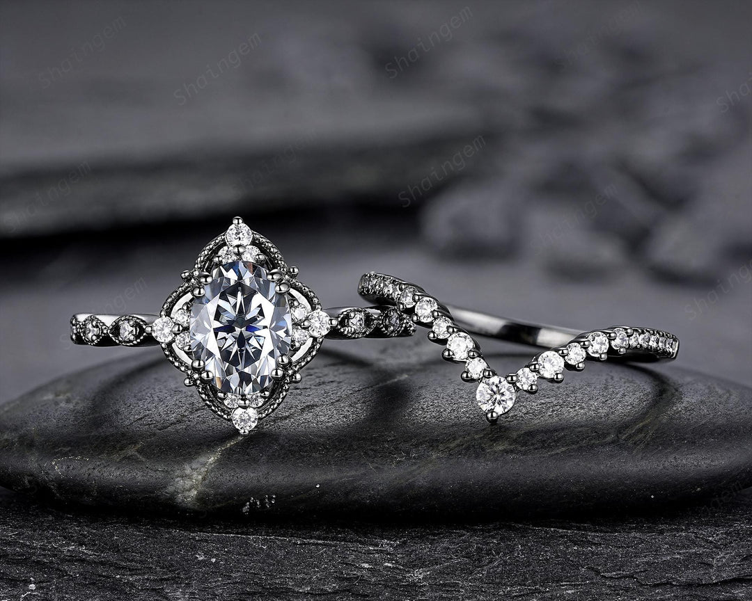 Unique Black Gold Oval Shape Gray Moissanite Engagement Ring, Witchy Black Rhodium Floral Promise Ring Gothic Wedding Ring Gift for Women - ShainJewelry